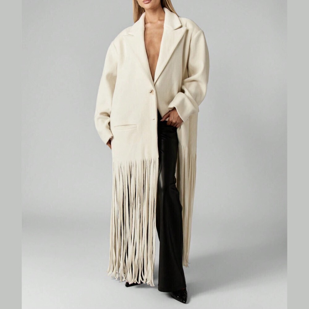 Cream Fringe Hem Oversized Longline Coat - Picture 5 of 6
